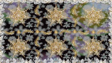 Parlak dantel, stilize çiçekler, şal desenli. Raster. Doğulu arabeskler. Hassas altın deseni açın. Kusursuz altın desenli bukleler. Gri ve siyah renklerde altın elementlerle kusursuz desen.