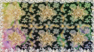 Raster altın tekstil baskısı. Gri ve nötr renklerde altın desenler ve altın elementler. Kusursuz desenli oryantal süs. İslam tasarımı. Çiçek karoları.