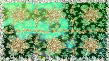 Tekrarlayan elementlerle kusursuz soyut arkaplan. Klasik raster şablonu. Yeşil, nötr ve altın desenli.