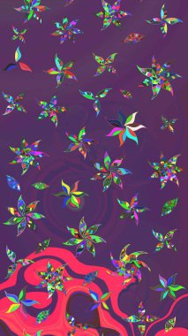 Nazik, narin çiçek arkaplanı. Çiçekli karalama şeklinde Raster çiçek deseni. Mor ve mor renkte çiçekler.