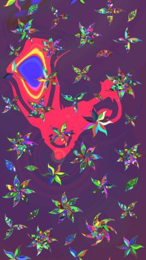 Asya tekstil tarzında. Mor ve mor renkli çiçekler. Raster illüstrasyonu. Çiçek desenli çizim. Raster illüstrasyonu.