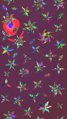 Çok kahverengi ve mor zarif küçük çiçekler ve kahverengi ve mor renkli komik böcekler, raster deseni, illüstrasyon.