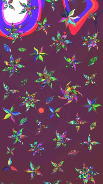 Parlak renkli çiçekleri ve kahverengi ve mor renkli yaprakları olan harika bir çiçek deseni. Moda baskıları için zarif bir şablon. Modern çiçek arkaplanı. Halk stili.