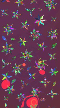 Raster suluboya çiçek deseni, narin çiçekler, kahverengi ve mor çiçekler, tebrik kartı şablonu. Güzel kumaş deseni.