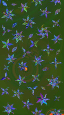 Yapraklı çiçekler ve yeşil ve mavi renkli papatya çiçekleri. Eskiz arkaplan modeli. Raster - stok.