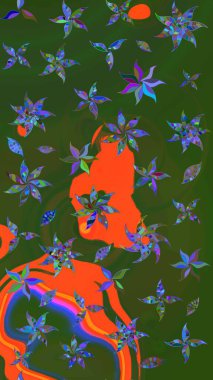 Renkli Bahar Teması eskiz kalıbı. Raster illüstrasyonundaki çiçek desenli çizim. Yeşil ve turuncu renkli çiçekler. Düz Çiçek Elementleri Tasarımı.