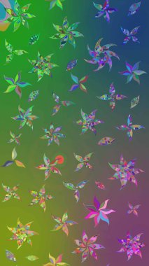 3D çiçekler, eskiz. Yeşil ve mavi renklerde. Raster illüstrasyonu.