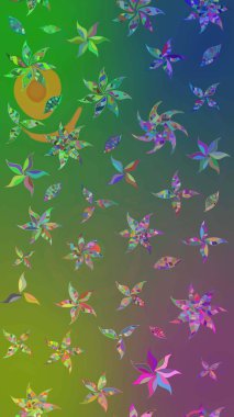 Yeşil ve mavi renkli Asya tekstili. Raster illüstrasyonu. Suluboya çiçekli çiçek deseni.