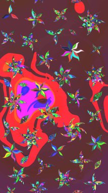 Kabile sanatı boho baskısı, klasik çiçek arkaplanı. Arkaplan dokusu, duvar kağıdı, kahverengi ve kırmızı renkli çiçek teması. Soyut etnik raster çizim kalıbı.