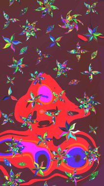 Raster Floral Illustration, Asyalı tekstil. Kahverengi ve kırmızı renkte etnik çiçeklerle süslenmiş zarif bir eskiz..