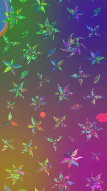 Raster illüstrasyonu. Patlayan çiçekler soyut olarak yerleştirilmiş. Raster deseni. Yumuşak, bahar çiçekleri mor ve yeşil renklerde.