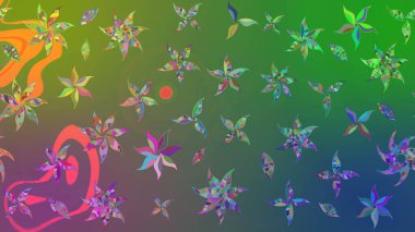 Çiçek süslemeli çizim deseni. Raster illüstrasyonu. Yeşil ve mavi renkte çiçekler.