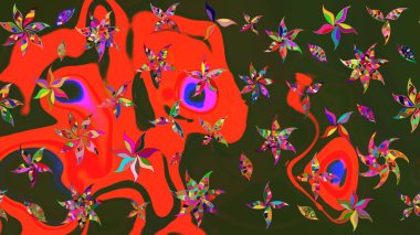 Raster illüstrasyonu. Kibar, bahar çiçekleri kırmızı ve yeşil renklerde. Çiçekli yumuşak bir eskiz şekli. Raster çiçekleri klasik tarzda resmedilir..