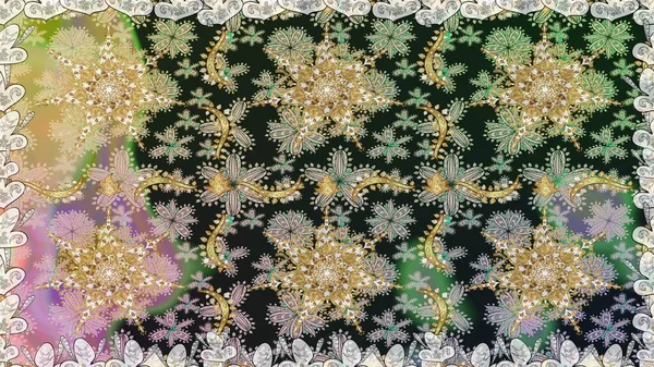 Raster altın tekstil baskısı. Gri ve nötr renklerde altın desenler ve altın elementler. Kusursuz desenli oryantal süs. İslam tasarımı. Çiçek karoları.