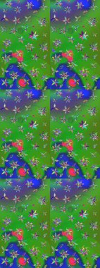 Yeşil ve mavi renkte çiçekler. Kumaş desenli papatya çiçekleri ayrıntıları.