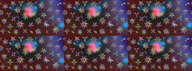 Raster illüstrasyonu. Patlayan çiçekler soyut olarak yerleştirilmiş. Raster deseni. Mor ve mavi renklerde bahar çiçekleri..