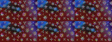 Düz Çiçek Elementleri Tasarım Raster illüstrasyonu. Kırmızı ve kahverengi renkte çiçekler. Renkli bahar temalı eskiz kalıbı. Çiçekli çiçek deseni, suluboya..