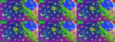 Raster illustration. Raster floral pattern in doodle style with flowers. Gentle, spring floral on blue and green colors.