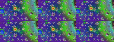 Raster illüstrasyonu. Yeşil ve mavi renklerde. 3D çiçekler, çizim.