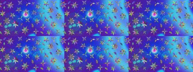 Çiçek süslemeli çizim deseni. Raster illüstrasyonu. Mavi ve mor renkte çiçekler.