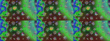 Moda baskıları için zarif bir şablon. Küçük çiçekte güzel bir desen. Yeşil ve mavi çiçekli bahar çiçekleri. Motley illüstrasyonu. Küçük renkli çiçekler..