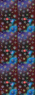 Raster illüstrasyonu. Yumuşak, bahar çiçekleri mor ve mavi renklerde. Raster çiçekleri klasik tarzda çizilmiş. Çiçekli yumuşak çizim deseni.