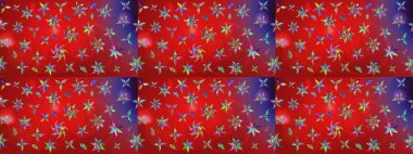 Raster illüstrasyonu. Kumaş, tekstil, duvar kağıdı baskısı için. Renkli desenli eskiz deseni, kırmızı ve mor çiçekler ve dekoratif elementler. Eskiz geçmişi. Antika retro tarzı.