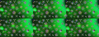 Eskiz arkaplan modeli. Raster illüstrasyonu. Yeşil ve mavi renkli yapraklı yabani çiçekler. Suluboya, elle çizilmiş.