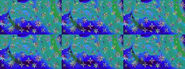 Parlak renkli çiçekleri olan ve mavi ve yeşil renkli yaprakları olan harika bir çiçek deseni. Moda baskıları için zarif bir şablon. Modern çiçek arkaplanı. Halk stili.