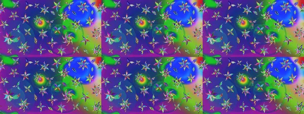 Raster illustration. Raster floral pattern in doodle style with flowers. Gentle, spring floral on blue and green colors.