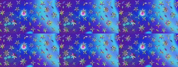 Çiçek süslemeli çizim deseni. Raster illüstrasyonu. Mavi ve mor renkte çiçekler.