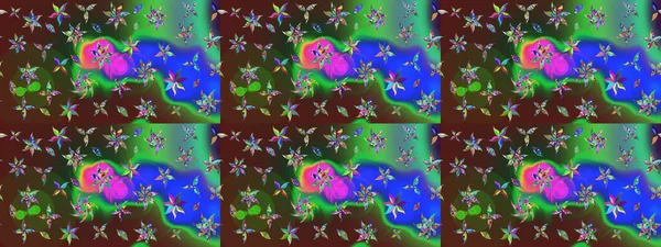 Küçük çiçekteki sevimli çiçek deseni. Raster illüstrasyonu. Yeşil ve kahverengi renkte çiçekler.