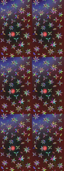 Çiçekler. Vadinin çiçekleri mor ve kahverengi renklerde. Soyut etnik raster çizim kalıbı.