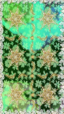 Geleneksel oryantasyon süsü. Yeşil ve nötr renklerde altın elementlerle kusursuz desen. Klasik klasik klasik arka plan. Kusursuz klasik raster altın desenli.