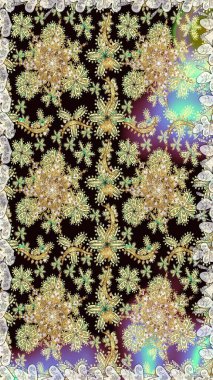 Raster illüstrasyonu. Kusursuz desenli altın elementler. Siyah ve nötr renklerin kraliyet retro 'su. Altın şablon. Klasik çiçek dokusu. Kart, duvar kağıdı, ambalaj, tekstil için klasik tasarım.