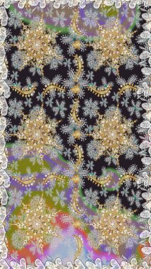 Raster altın tekstil baskısı. İslam tasarımı. Gri ve nötr renklerde altın desenler ve altın elementler. Kusursuz desenli oryantal süs. Çiçek karoları.