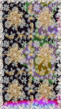 Raster illüstrasyonu. Doğu tarzı arabesk. Altın elementli gri ve nötr renkler. Raster altın desen. Kusursuz altın desenli bukleler..