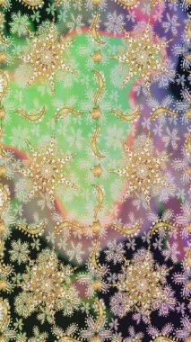 Kusursuz desenli oryantal süs. Tarafsız ve gri renklerdeki altın desenli altın elementler. Raster altın tekstil baskısı. Çiçek kiremitleri. İslam tasarımı.