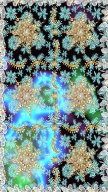 Klasik raster sarısı, kusursuz desen. Çiçek süsü kumaş deseni, cam, çiçek desenli altın elementli mavi ve nötr renkte metal..