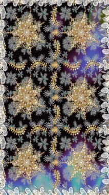 Kusursuz kraliyet lüksü, altın barok kumaş rengi. Altın antika ortaçağ dekoratifi, yapraklar ve gri ve siyah renkli altın desenli süslemeleri olan pürüzsüz bir desen..