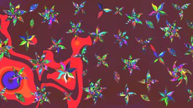 Düz Çiçek Elementleri Tasarımı. Raster illüstrasyonu. Kahverengi ve kırmızı renkte çiçekler. Renkli Bahar Teması eskiz kalıbı. Çiçekli çiçek deseni, suluboya..