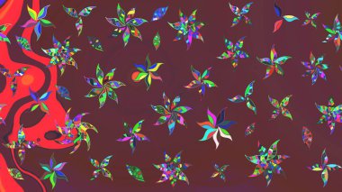 Raster illüstrasyonu. Kahverengi ve kırmızı renklerde. Raster illüstrasyonundaki çiçek desenli çizim. Güzel kumaş deseni.