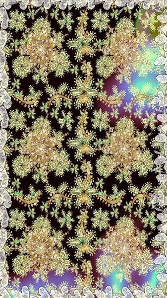 Raster illüstrasyonu. Kusursuz desenli altın elementler. Siyah ve nötr renklerin kraliyet retro 'su. Altın şablon. Klasik çiçek dokusu. Kart, duvar kağıdı, ambalaj, tekstil için klasik tasarım.