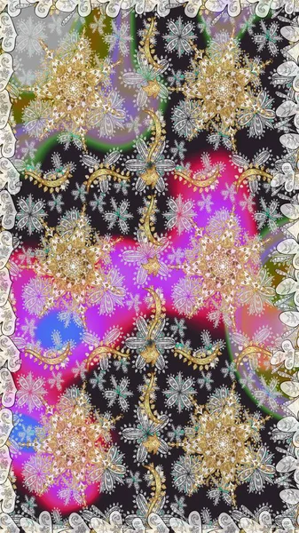 Gri ve nötr renklerde altın elementler. Şık bir grafik desen. Duvar kâğıdı barok, İspanyol kumaşı. Kusursuz raster arka plan. Çiçek deseni.