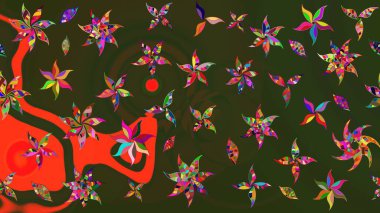 Parlak renkli çiçekleri ve yeşil ve gri renkte yaprakları olan harika bir çiçek deseni. Moda baskıları için zarif bir şablon. Halk tarzı. Modern çiçek arkaplanı.