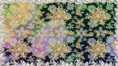 Parlak dantel, stilize çiçekler, şal desenli. Tarz arabesk. Kusursuz altın desenli bukleler. Raster. Hassas altın deseni açın. Gri ve nötr renklerde altın elementlerle kusursuz desen.