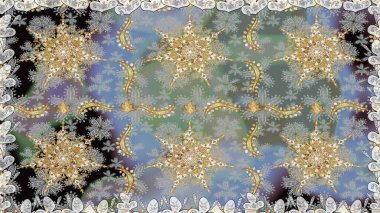 Kusursuz desenli oryantal süs. Gri ve nötr renklerde altın desenler ve altın elementler. Raster altın tekstil baskısı. Çiçek kiremitleri. İslam tasarımı.