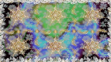 Hassas altın deseni açın. Raster. Parlak dantel, stilize çiçekler, şal desenli. Gri renklerde, altın elementlerle kusursuz desen. Kusursuz altın desenli bukleler. Doğu tarzı arabesk.