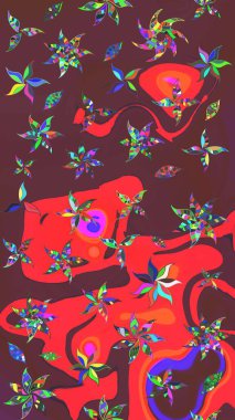 Küçük çiçekte hoş bir çiçek deseni var. Çiçeksel elementlerle süslenmiş zarif raster dokusu. Parlak çiçekli kahverengi ve kırmızı renkler üzerine soyut çizim deseni.