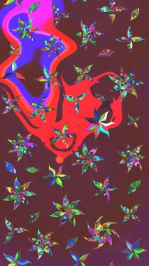 Kahverengi ve kırmızı renkte etnik çiçeklerle süslenmiş zarif bir eskiz şekli. Raster Çiçek İllüstrasyon Şirin Tekstil.